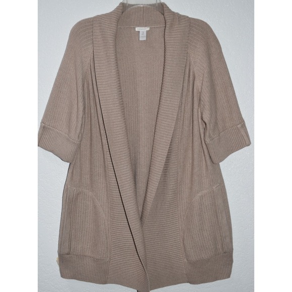 Chico's Sweaters - Chicos Cardigan 3/XL Open Front Short Sleeve Knit Sweater Tan Natural Lagenlook